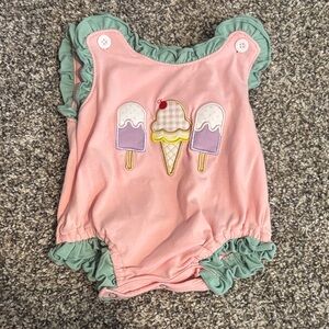 Pink Baby Romper with Mint Ruffle Trim
